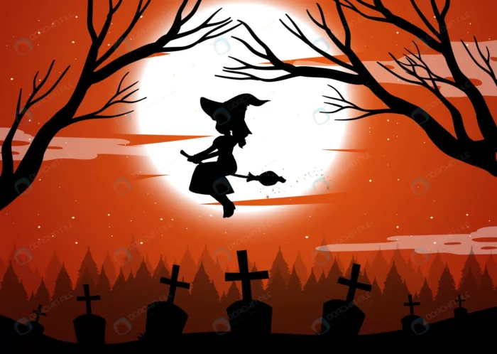 halloween night background with witch silhouette. crc3fce2a69 size3.67mb - title:سیلوئت جادوگر با جارو دستی - اورچین فایل - format:EPS - وکتور - sku:crc3fce2a69 - keywords: p_id:64558