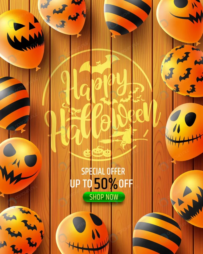 halloween sale 50 off banner with scary balloons. crc31603ad0 size22.34mb - title:پوستر تبلیغات و تخفیف 50% ویژه هالووین - اورچین فایل - format:EPS - وکتور - sku:crc31603ad0 - keywords: p_id:64580