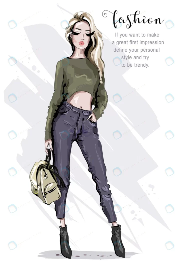 hand drawn beautiful fashion woman with backpack. crc836b8af4 size3.48mb - title:کاراکتر زن با موهای طلایی - اورچین فایل - format:EPS - وکتور - sku:crc836b8af4 - keywords: p_id:85139