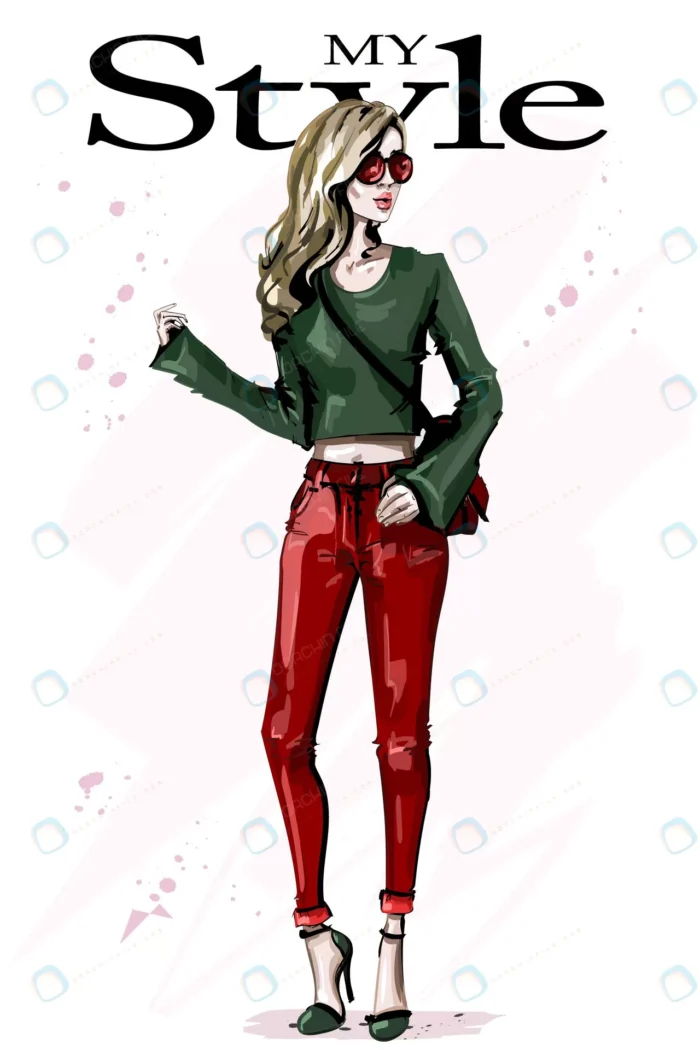 hand drawn beautiful young woman with bag crc90240271 size3.08mb - title:وکتور دختر با شلوار قرمز - اورچین فایل - format:EPS - وکتور - sku:crc90240271 - keywords: p_id:85153