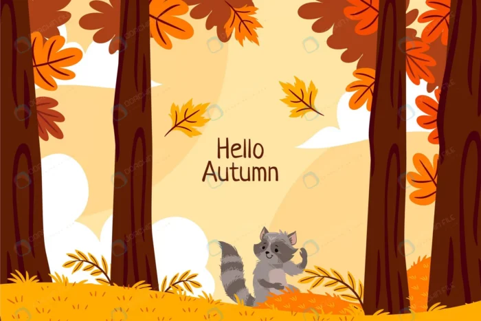 hand drawn flat autumn background crc8e372764 size1.26mb - title:وکتور بکگراند کارتونی از جنگل پاییزی و راکون - اورچین فایل - format:EPS - وکتور - sku:crc8e372764 - keywords: p_id:62903