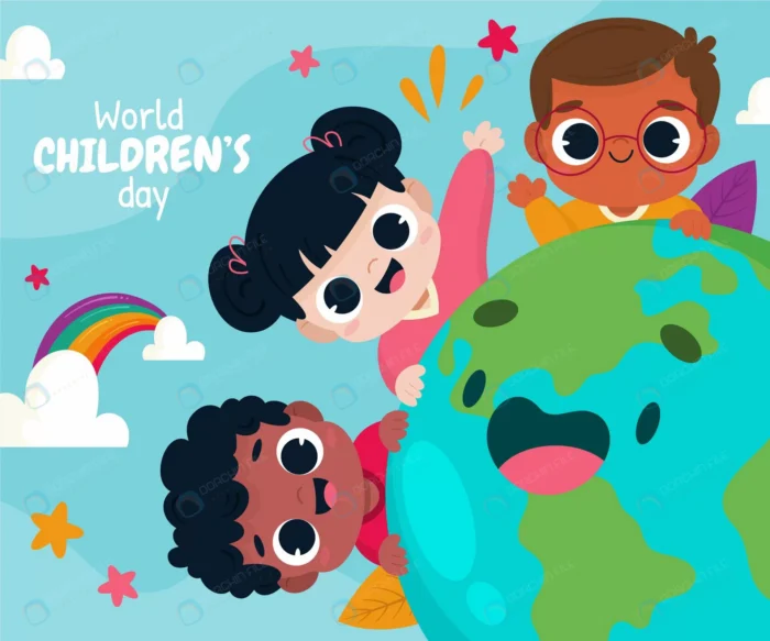 hand drawn flat world children s day illustration crc8c3bf608 size1.28mb - title:وکتور کاراکتر بچه ها و کره زمین برای تبریک روز کودک - اورچین فایل - format:EPS - وکتور - sku:crc8c3bf608 - keywords: p_id:63975