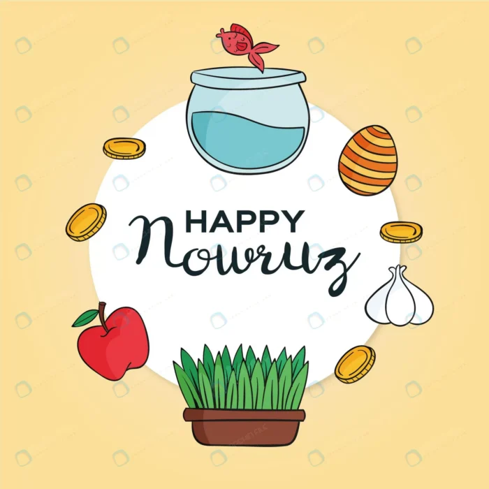 hand drawn happy nowruz illustration with fishbow crc6f513975 size1.7mb - title:وکتور دیزاین عید نوروز - اورچین فایل - format:EPS - وکتور - sku:crc6f513975 - keywords: p_id:46112