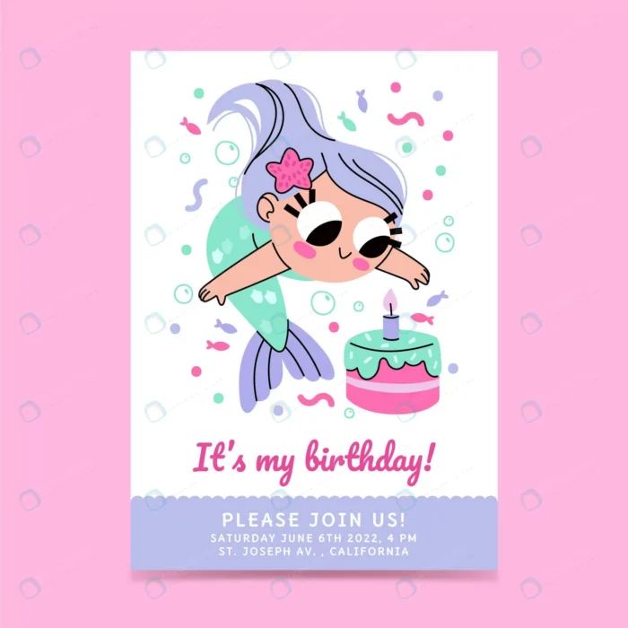 hand drawn mermaid birthday invitation template.j crce1209729 size1.30mb - title:وکتور کارت دعوت جشن تولد با طرح پری دریایی - اورچین فایل - format:EPS - وکتور - sku:crce1209729 - keywords: p_id:60091