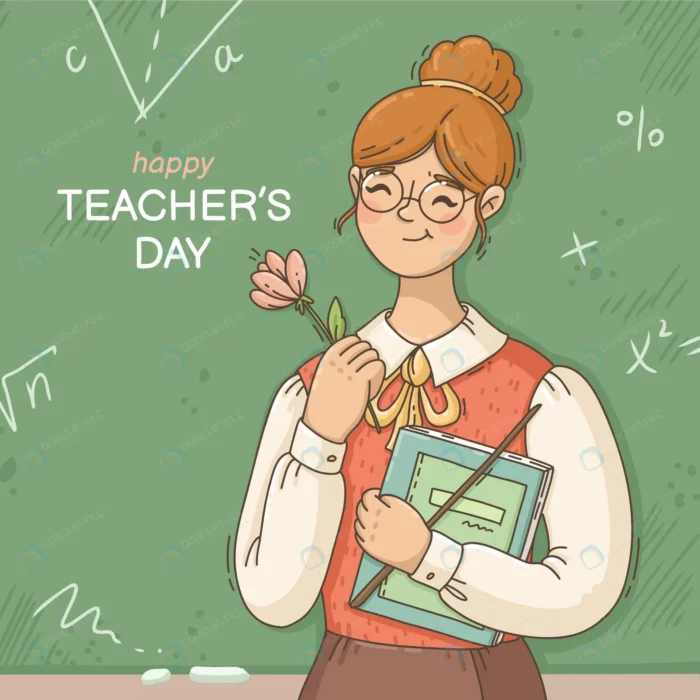hand drawn teachers day illustration crc60e18182 size0.89mb - title:وکتور کارتونی کاراکتر خانم معلم با موضوع تبریک روز معلم - اورچین فایل - format:EPS - وکتور - sku:crc60e18182 - keywords: p_id:59177