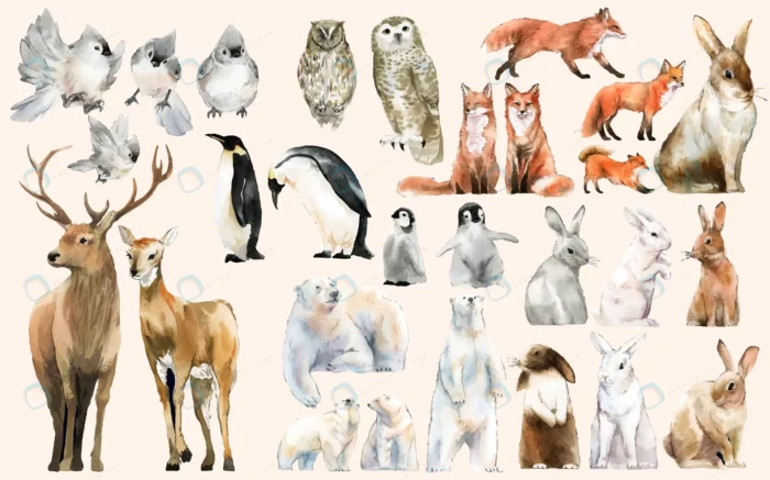 hand drawn wildlife set watercolor style crc699aa146 size9.91mb - title:مجموعه حیوانات و پرندگان با فرمت وکتور - اورچین فایل - format:EPS - وکتور - sku:crc699aa146 - keywords: p_id:86899