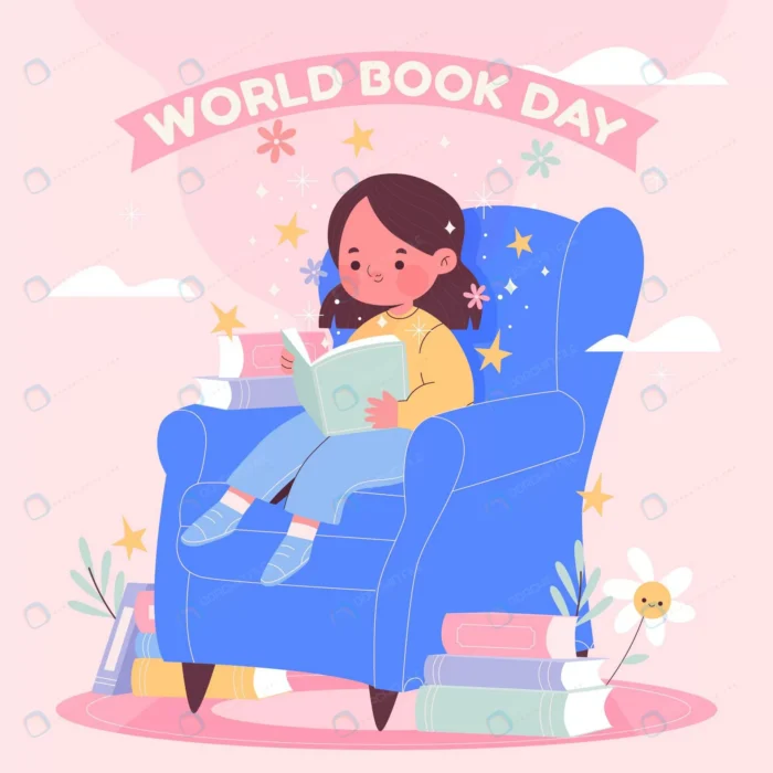 hand drawn world book day illustration crcaab2a3b7 size0.65mb - title:وکتور دختر در حال مطالعه روی مبل - اورچین فایل - format:EPS - وکتور - sku:crcaab2a3b7 - keywords: p_id:64827