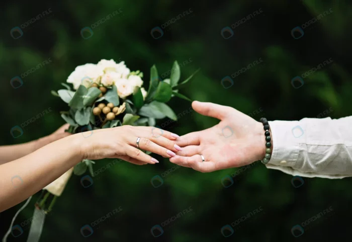 hands with wedding rings bouquet green background rnd893 frp22884208 - title:عکس دست عروس و داماد با حلقه - اورچین فایل - format:JPG - استوک - sku:frp22884208 - keywords: p_id:74669