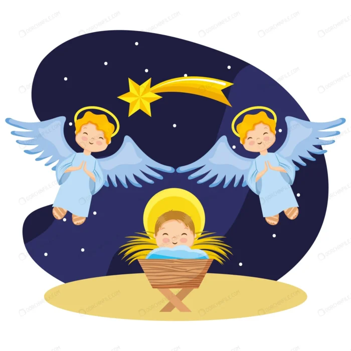 happy baby jesus cartoon with angels nigh crce0e5300a size2.24mb - title:فرشته ها کنار گهواره حضرت عیسی - اورچین فایل - format:EPS - وکتور - sku:crce0e5300a - keywords: p_id:105705