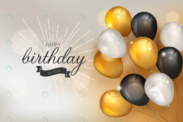happy birthday background with realistic balloons crc20ade079 size24.18mb - title:تبریک تولد با بادکنک های طلایی و مشکی - اورچین فایل - format:EPS - وکتور - sku:crc20ade079 - keywords: p_id:59960