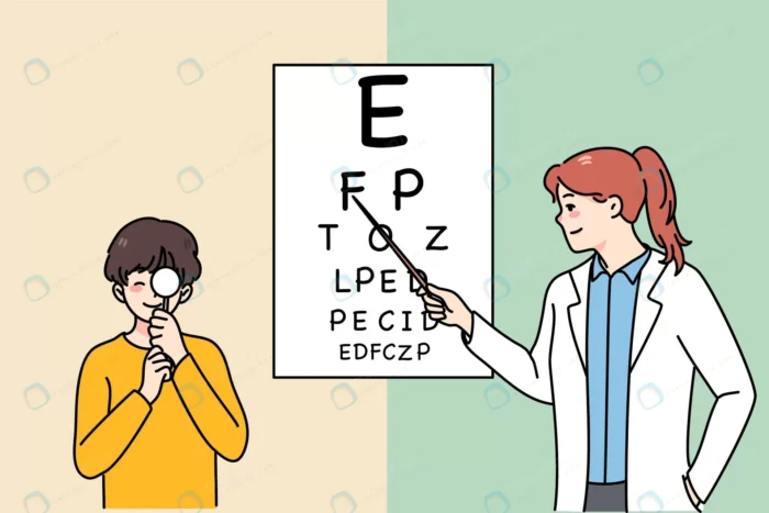 happy caring female doctor check sight small boy crc012088db size1.77mb - title:وکتور کارتونی مطب چشم پزشکی - اورچین فایل - format:EPS - وکتور - sku:crc012088db - keywords: p_id:78273