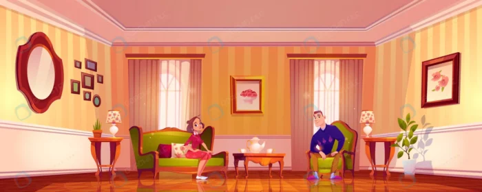 happy couple living room classic victorian style. crcdb334f5a size7.78mb - title:کاراکتر زوج جوان در خانه کلاسیک - اورچین فایل - format:EPS - وکتور - sku:crcdb334f5a - keywords: p_id:77583