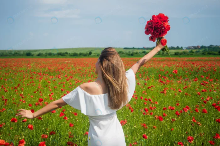 happy girl white dress field poppies summer sunse crcc47d06b6 - title:عکس دختر مو بلوند در مزرعه گل لاله - اورچین فایل - format:JPG - استوک - sku:crcc47d06b6 - keywords: p_id:63088