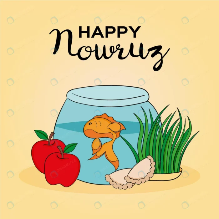 happy nowruz illustration crce282f0b9 size0.85mb 1 - title:وکتور تبریک نوروز با تنگ ماهی ، سبزه و سیب - اورچین فایل - format:EPS - وکتور - sku:crce282f0b9 - keywords: p_id:53227