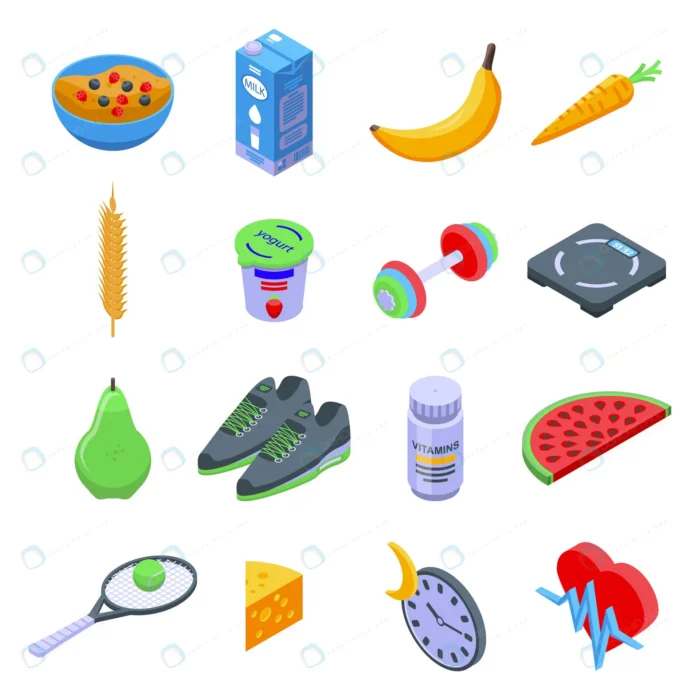 healthy lifestyle icons set isometric set healthy crc86ab646c size0.96mb - title:ایزومتریک میوه و وسایل ورزشی - اورچین فایل - format:EPS - وکتور - sku:crc86ab646c - keywords: p_id:89389