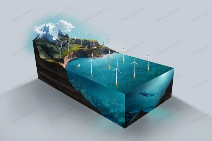 high angle model renewable energy with wind turbi crc1d80155e - title:تصویر دریا و دشت با توربین های بادی - اورچین فایل - format:JPG - استوک - sku:crc1d80155e - keywords: p_id:92593