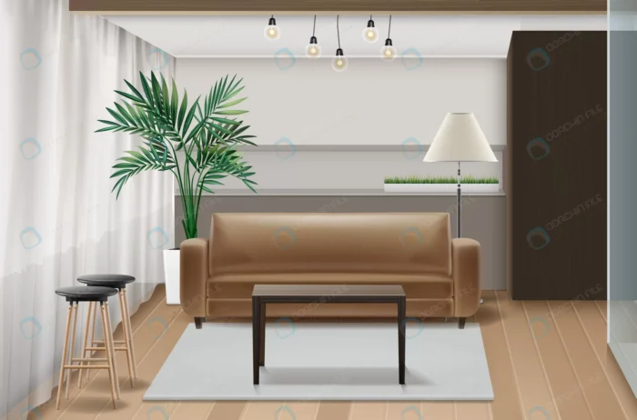 illustration interior design with furniture eco m crca494d505 size4.37mb - title:نمای داخلی اتاق با مبل قهوه ای - اورچین فایل - format:EPS - وکتور - sku:crca494d505 - keywords: p_id:88087