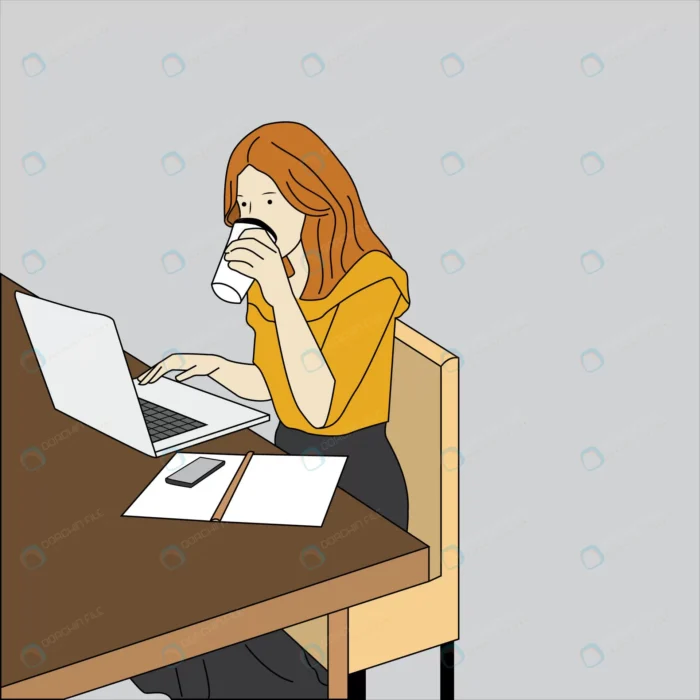 illustration woman typing front laptop drinking s crcea526304 size1.24mb - title:وکتور کاراکتر دختر درحال خوردن قهوه و کار با لپ تاپ - اورچین فایل - format:EPS - وکتور - sku:crcea526304 - keywords: p_id:57052