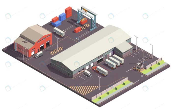industrial buildings isometric composition with p crc074fc05a size3.71mb - title:طرح سه بعدی آماده از محوطه و ساختمان ایزومتریک سوله با فرمت وکتور - اورچین فایل - format:EPS - وکتور - sku:crc074fc05a - keywords: p_id:34701