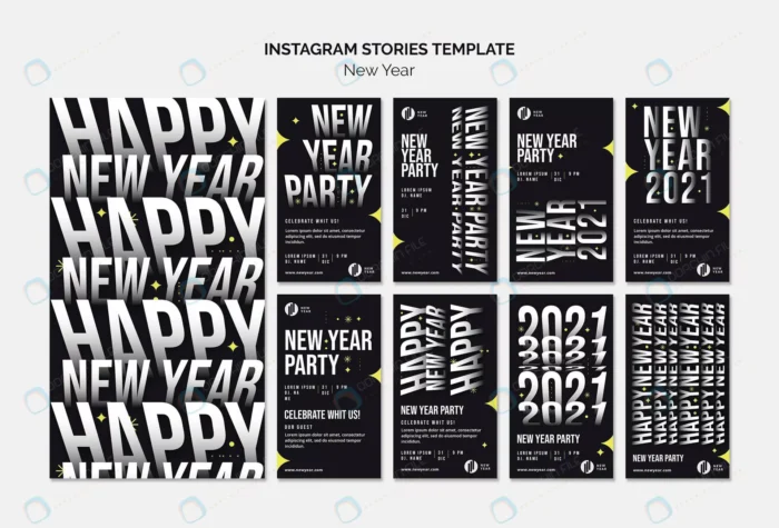 instagram stories collection new year party crc508b6283 size15.32mb - title:دانلود ۹ استوری اینستاگرامی ویژه تبریک سال نو با تایپوگرافی جذاب در فرمت PSD - اورچین فایل - format:PSD - فتوشاپ - sku:crc508b6283 - keywords: p_id:31412