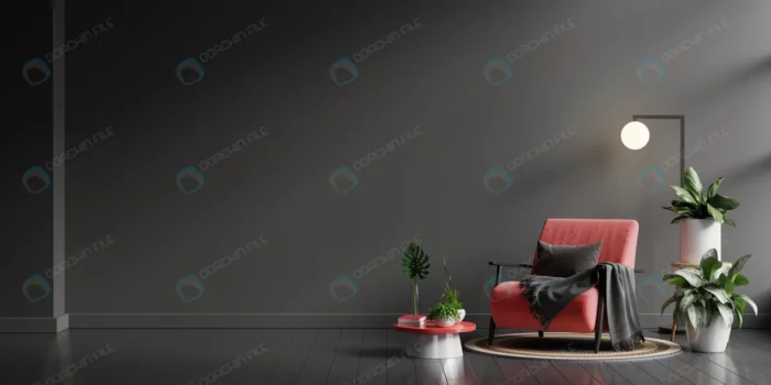 interior wall mockup dark tones with red armchair crc72622fa5 - title:تصویر دکوراسیون داخلی اتاق نشیمن مدرن - اورچین فایل - format:JPG - استوک - sku:crc72622fa5 - keywords: p_id:62487