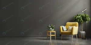 interior wall mockup dark tones with yellow armch crcb54312f4 size3.99mb 5000x2500 - title:Home - اورچین فایل - format: - sku: - keywords: p_id:18