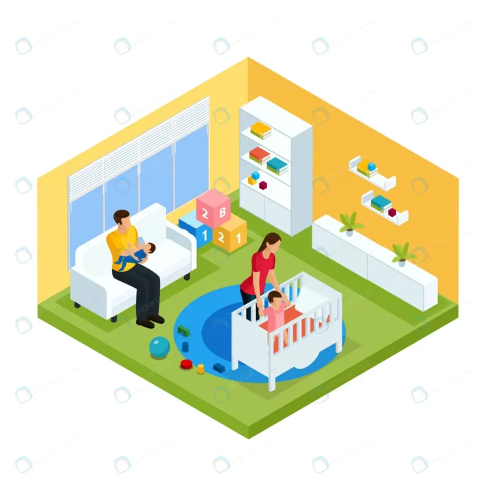 isometric baby room interior concept with father crc1fe43347 size1.96mb - title:وکتور ایزومتریک دکوراسیون اتاق کودک - اورچین فایل - format:EPS - وکتور - sku:crc1fe43347 - keywords: p_id:48915