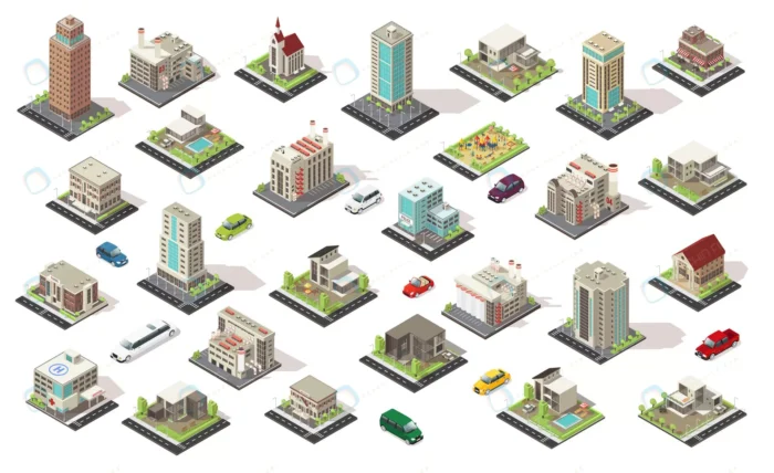 isometric city elements collection crcf7626b93 size11.64mb - title:طرح سه بعدی نمای ساختمان های شهر و وسایل نقلیه ایزومتریک با فرمت وکتور - اورچین فایل - format:EPS - وکتور - sku:crcf7626b93 - keywords: p_id:34641