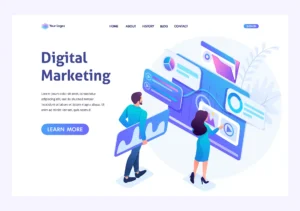 isometric concept young entrepreneurs insist data digital marketing advertising internet template landing page website - title:Home - اورچین فایل - format: - sku: - keywords: p_id:18