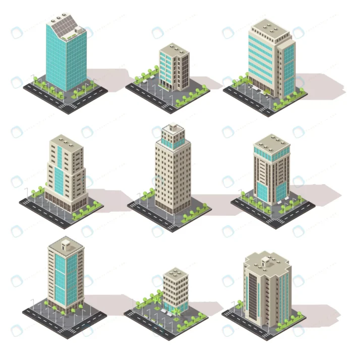 isometric office buildings icon set crcdd627813 size7.46mb - title:طرح آماده سه بعدی ایزومتریک ساختمان های مسکونی بلند مرتبه شهر - اورچین فایل - format:EPS - وکتور - sku:crcdd627813 - keywords: p_id:34627