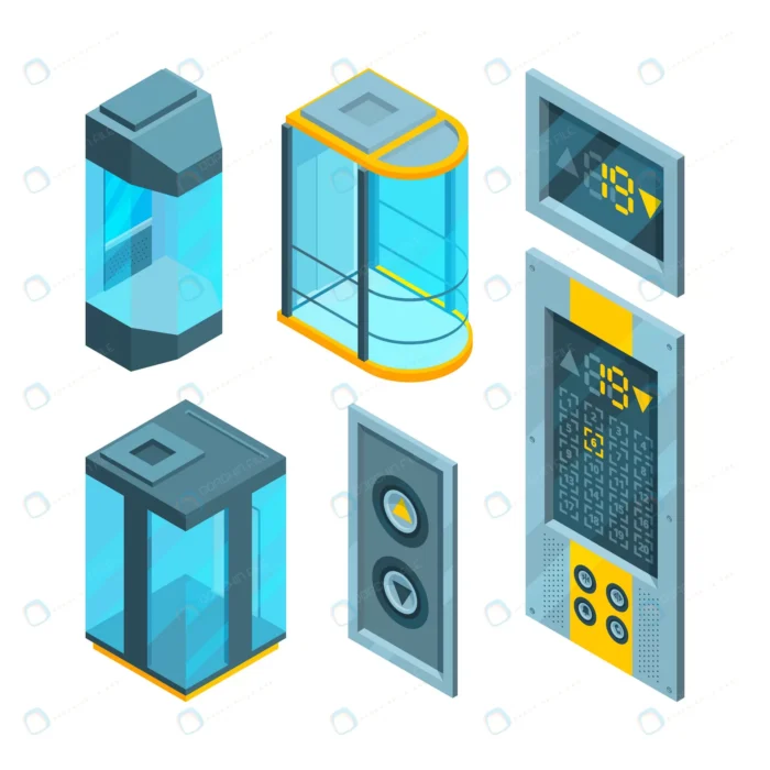 isometric set glass elevators with steel buttons. crc63002ed1 size1.71mb - title:ایزومتریک ست آسانسور - اورچین فایل - format:EPS - وکتور - sku:crc63002ed1 - keywords: p_id:48832