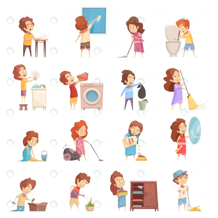 kids cleaning cartoon icons set crcb163b1f3 size1.16mb 1 - title:وکتور طراحی کودکان در حال تمیزکاری - اورچین فایل - format:EPS - وکتور - sku:crcb163b1f3 - keywords: p_id:52408