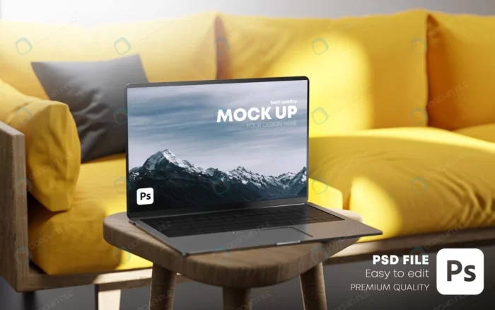 laptop mockup template yellow sofa living room 3d rnd271 frp31125466 - title:موکاپ لپ تاپ با پس زمینه اتاق نشیمن - اورچین فایل - format:PSD - فتوشاپ - sku:frp31125466 - keywords: p_id:73217