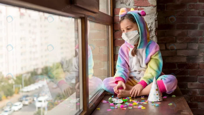 little girl dinosaur suit home with face mask crcc0a6baaa - title:دختر با ماسک پزشکی کنار پنجره - اورچین فایل - format:JPG - استوک - sku:crcc0a6baaa - keywords: p_id:90537