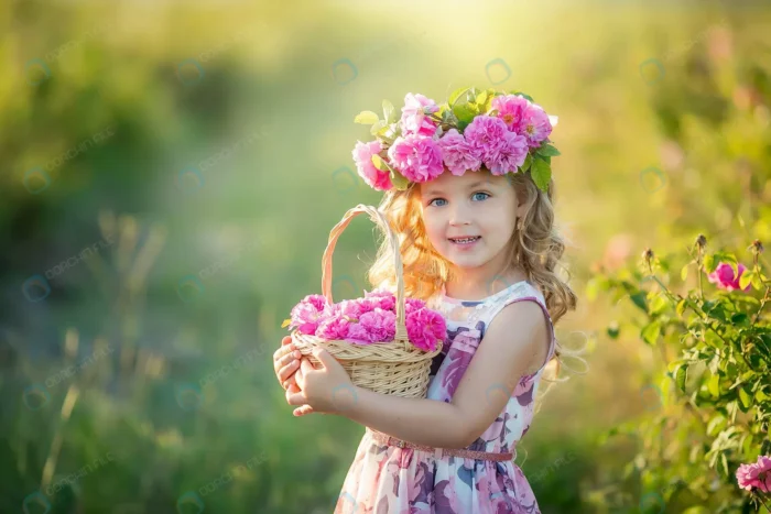 little girl with beautiful long blond hair dresse crcd1581feb - title:استوک دختر با تاج و سبد گل - اورچین فایل - format:JPG - استوک - sku:crcd1581feb - keywords: p_id:64378