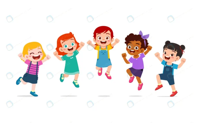little kids jump together feel happy crc069eb648 size1.74mb - title:وکتور دختر و پسر در حال بازی - اورچین فایل - format:EPS - وکتور - sku:crc069eb648 - keywords: p_id:79235