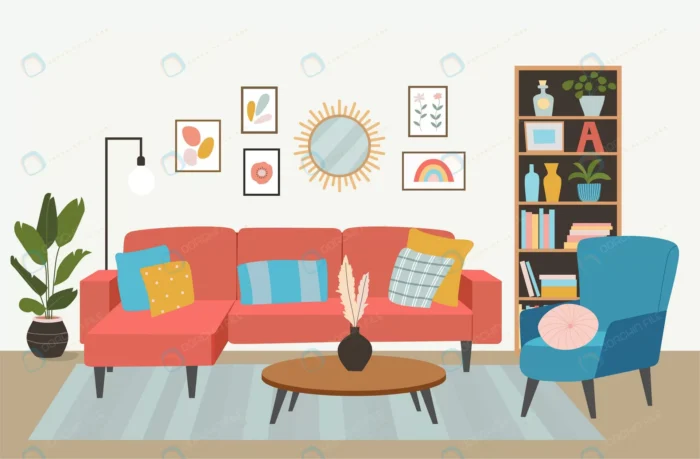 living room interior comfortable sofa bookcase ch crc3fbe77da size1.81mb - title:نمای داخلی اتاق نشیمن با میز چوبی گرد - اورچین فایل - format:EPS - وکتور - sku:crc3fbe77da - keywords: p_id:88103