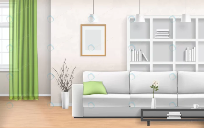 living room interior with sofa window bookshelves crcacf0a9a0 size4.31mb - title:وکتور اتاق نشیمن با مبل و کمد سفید - اورچین فایل - format:EPS - وکتور - sku:crcacf0a9a0 - keywords: p_id:88137