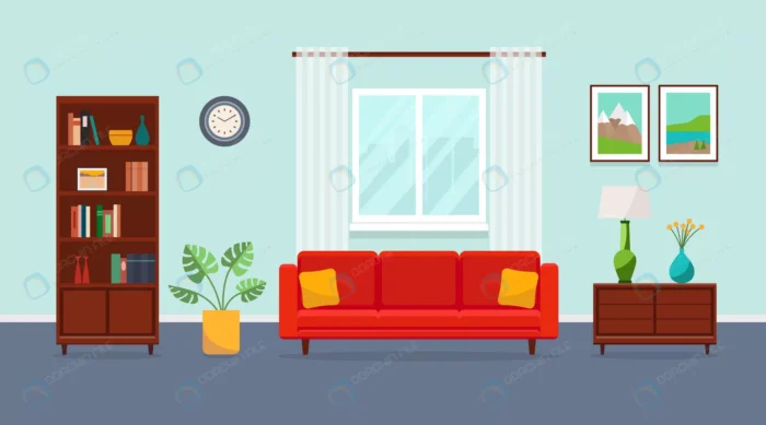 living room with red sofa bookcase torchere vase crcfd47562e size1.02mb - title:وکتور اتاق با پرده سفید و کمد چوبی - اورچین فایل - format:EPS - وکتور - sku:crcfd47562e - keywords: p_id:88143