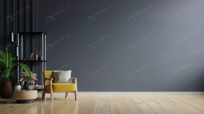 living room with yellow armchair empty dark blue crc8a5e6d89 - title:رندر دکوراسیون داخلی منزل با دیوار مشکی - اورچین فایل - format:JPG - استوک - sku:crc8a5e6d89 - keywords: p_id:62499