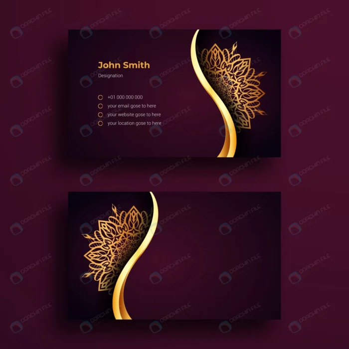 luxury business card design template with luxury crc736398ca size3.48mb - title:وکتور کارت ویزیت با طرح های اسلامی طلایی و بنفش - اورچین فایل - format:EPS - وکتور - sku:crc736398ca - keywords: p_id:56128