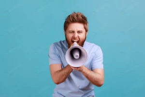 man blue tshirt holding megaphone near mouth loudl rnd933 frp31940640 - title:Home - اورچین فایل - format: - sku: - keywords: p_id:18