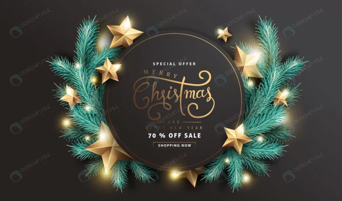 merry christmas happy new year sale background crc7ac410f8 size12.58mb - title:دانلود وکتور لاکچری کریسمس ویژه تخفیف محصول با تم تیره و ستاره های طلایی - اورچین فایل - format:EPS - وکتور - sku:crc7ac410f8 - keywords: p_id:31677