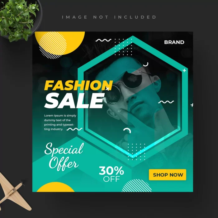 minimalist instagram social media post banner template - title:دانلود پست اینستاگرامی لایه باز با تصویر اصلی داخل شش ضلعی و گرادینت سبز ویژه تخفیف محصول - اورچین فایل - format:PSD - فتوشاپ - sku:5305 - keywords: p_id:30927