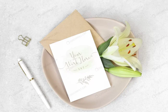 mockup invitation card with white pen flowers crc04390e0d size98.40mb - title:موکاپ عکس روی گل و پاکت نامه - اورچین فایل - format:PSD - فتوشاپ - sku:crc04390e0d - keywords: p_id:100709