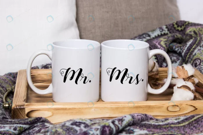 mockup two white coffee mugs wooden tray cozy int crc25a422f4 size31.25mb - title:موکاپ ماگ سفید در سینی چوبی - اورچین فایل - format:PSD - فتوشاپ - sku:crc25a422f4 - keywords: p_id:40610
