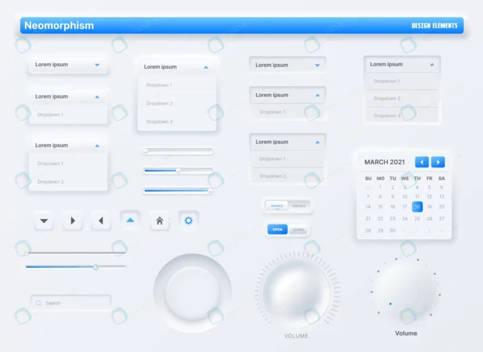 neumorphic ui user interface buttons search bars. crc01ca3607 size4.30mb - title:رابط کاربری سبک نئومورفیسم با دکمه و دراپ داون - اورچین فایل - format:EPS - وکتور - sku:crc01ca3607 - keywords: p_id:88789