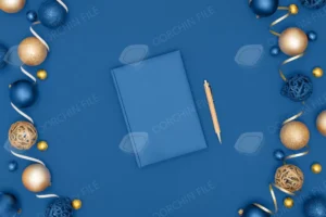 new year christmas decorations notebook pen blue paper background wish list goals concept top view flat lay copy space trendy color year 2020 - title:Home - اورچین فایل - format: - sku: - keywords: p_id:18