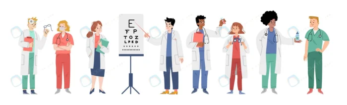 ophthalmologists nurses medical staff crcc2efb3b2 size1.99mb - title:بنر وکتور با کاراکتر زن و مرد دکتر - اورچین فایل - format:EPS - وکتور - sku:crcc2efb3b2 - keywords: p_id:78295