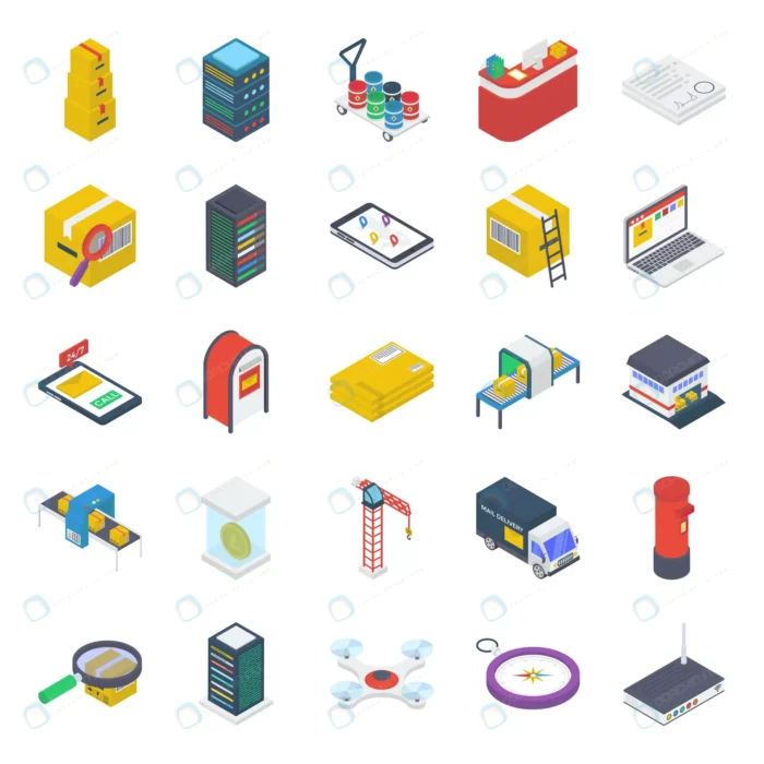 package delivery isometric icons pack crc368e52b3 size4.77mb - title:وکتور ایزومتریک اداره پست - اورچین فایل - format:EPS - وکتور - sku:crc368e52b3 - keywords: p_id:77411